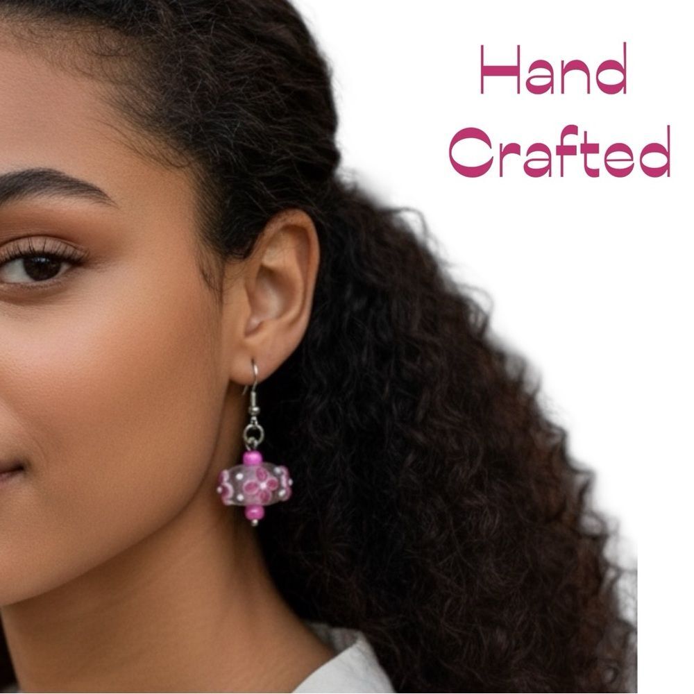 HandCrafted Pink White Floral Glass Beads Earrings NWT Feminine Chic